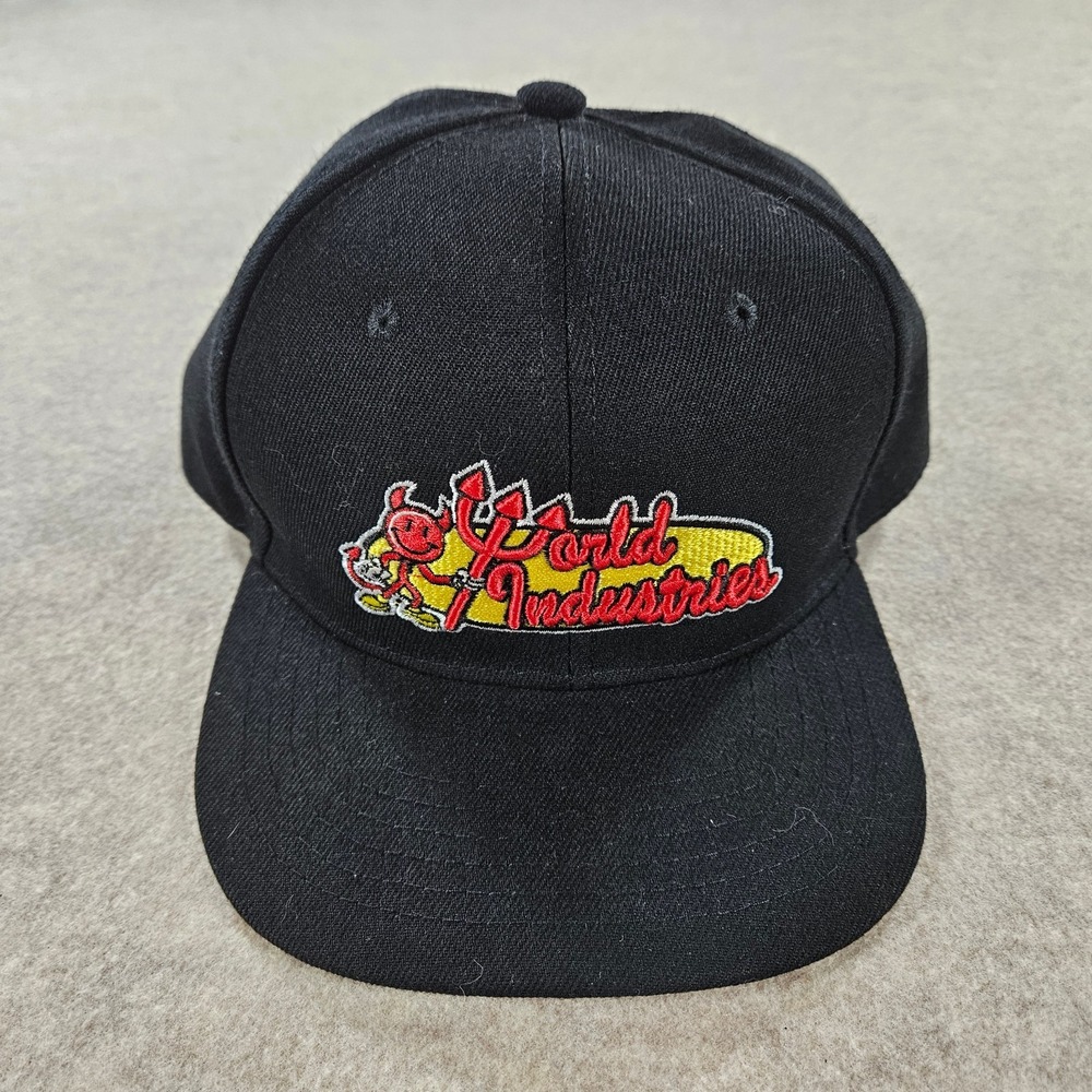 World Industries Devil Man Logo Black Snapback Hat Skateboarding Cap Y2K Skater